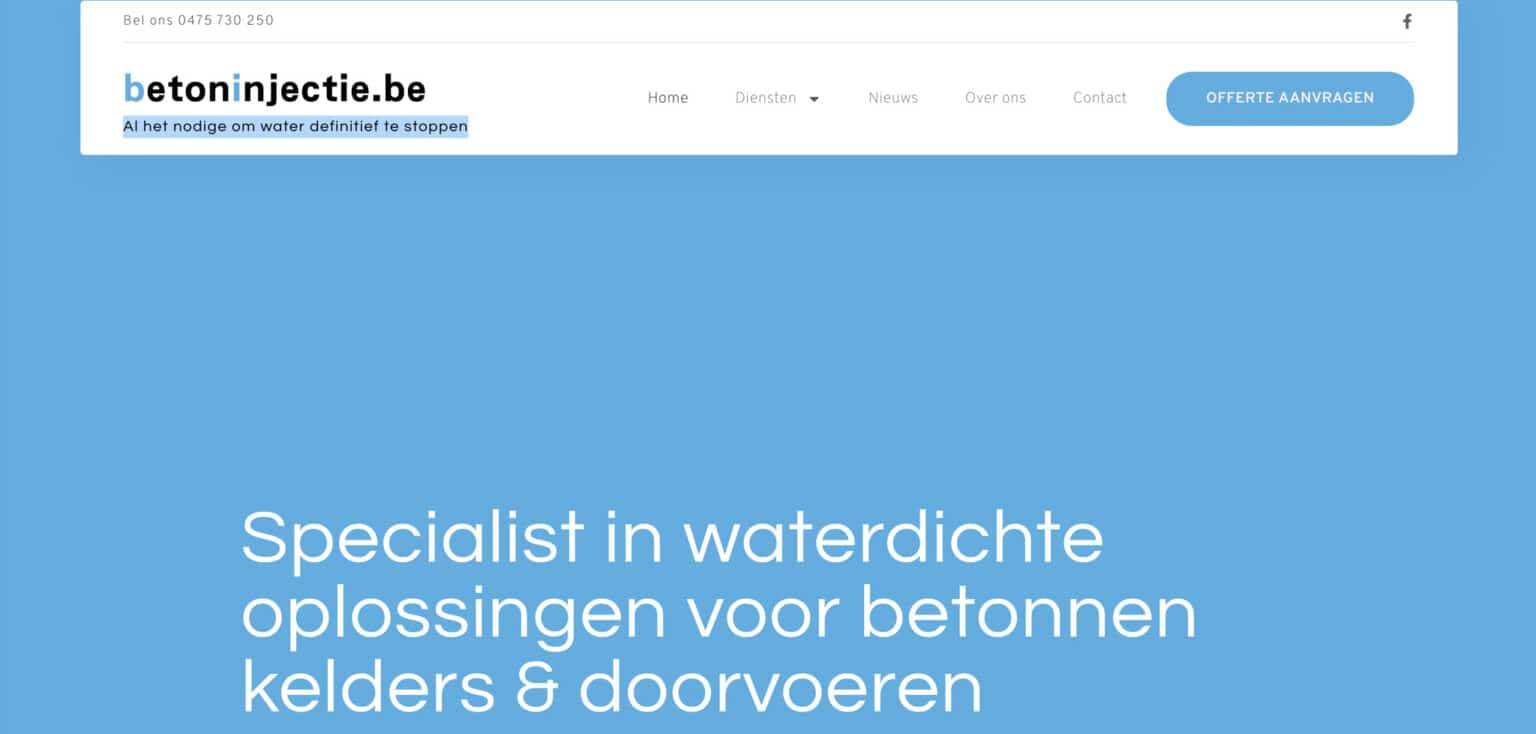 Screenshot van de website met een blauwe koptekst en tekst over waterdichte oplossingen voor betonnen kelders en kanalen, waarin de strakke, professionele lay-out van Metaalwerken Web Design tot uitdrukking komt.