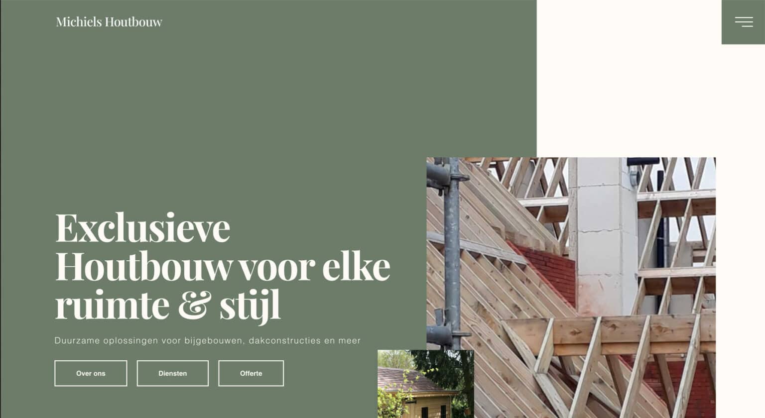 Website voor Michiels Houtbouw met een houtconstructie en menuknoppen op een groene en crèmekleurige achtergrond, geïnspireerd door webdesign betonherstel en kelderafdichting voor een eigentijdse uitstraling.