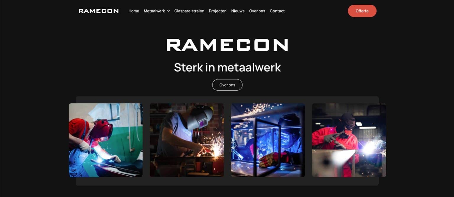 Fast Solutions - Page d'accueil du site Web de ramecon présentant une bannière avec des images d'ouvriers effectuant des travaux de métallurgie, y compris le soudage et la fabrication, avec le slogan "sterk in metalwerk".